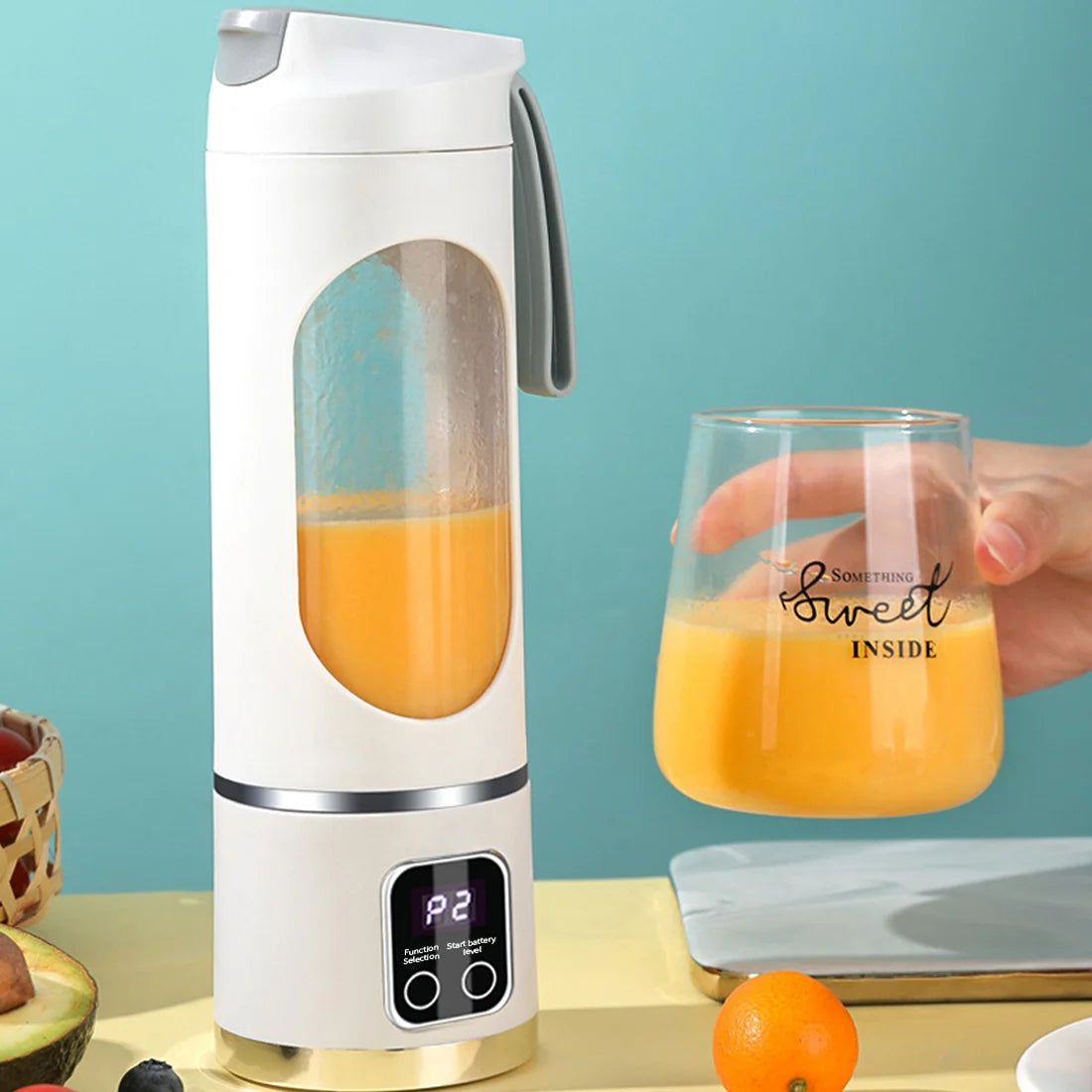 Portable USB Juicer Cup in use, blending fresh juice, with a glass of juice nearby.