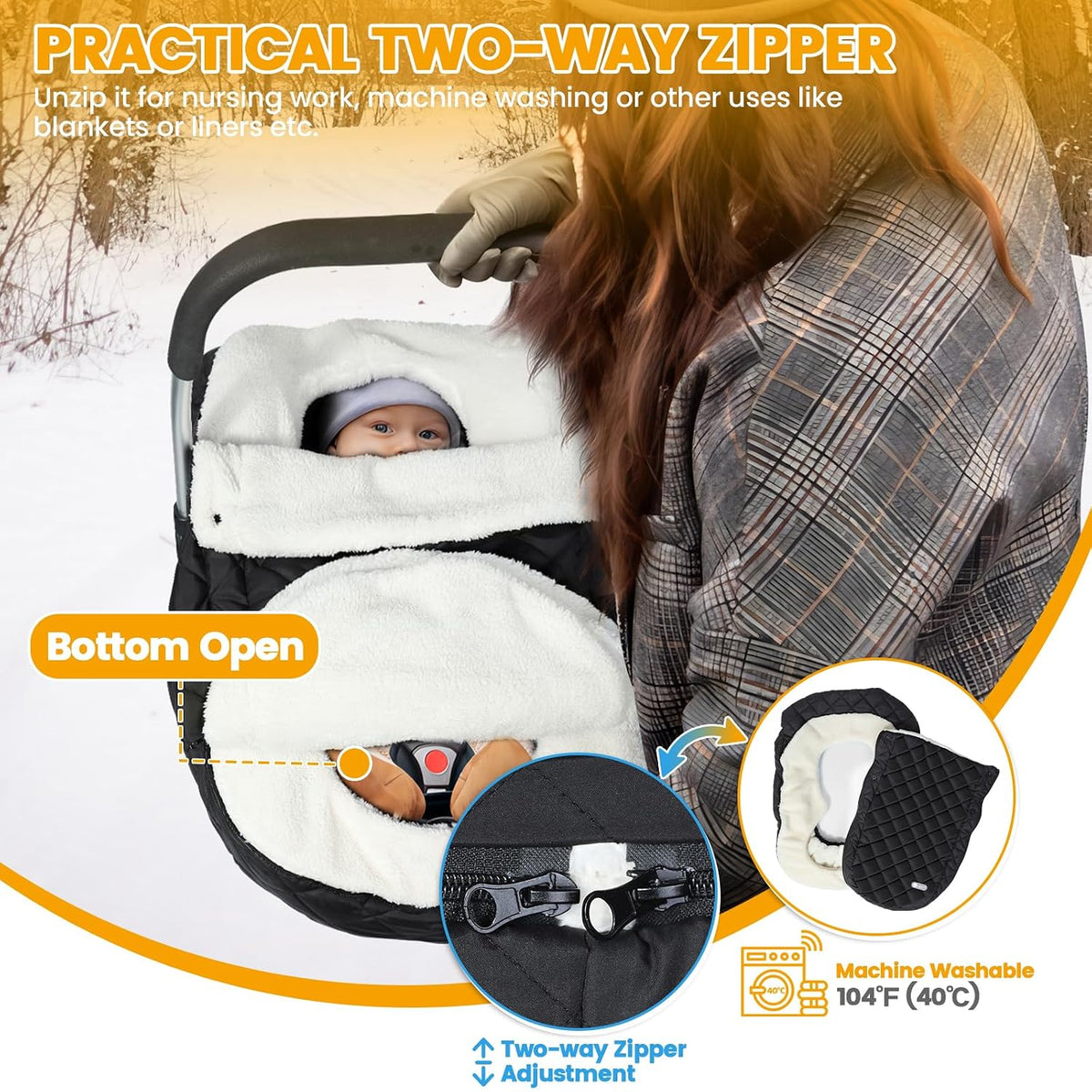 Winter Car Seat Cover for Baby Boys & Girls, Waterproof, Black | Warm Winter Carseat Cover with Removable Zipper, Universal Fit, Keeps Babies Warm and Cozy in Cold Weather