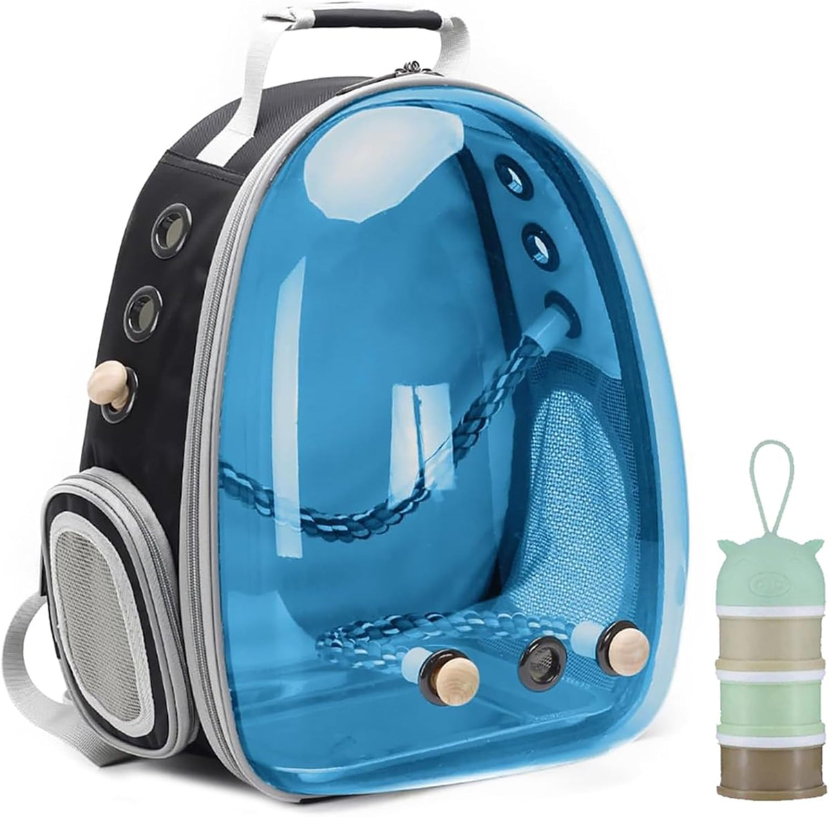 Bird Traval Carrier Cage, Clear Space Capsule Astronaut Backpack to Carry Parakeet Cockatiel Parrot with Metal Tray Bird Feeder Wood Perch, Vet Transport Bag