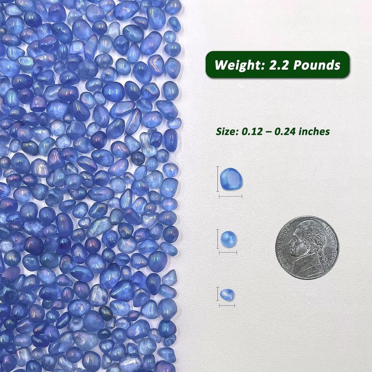 Aquarium Glass Gravel - 2.2 lbs of vibrant blue decorative stones for fish tanks, sized 0.12 - 0.24 inches.