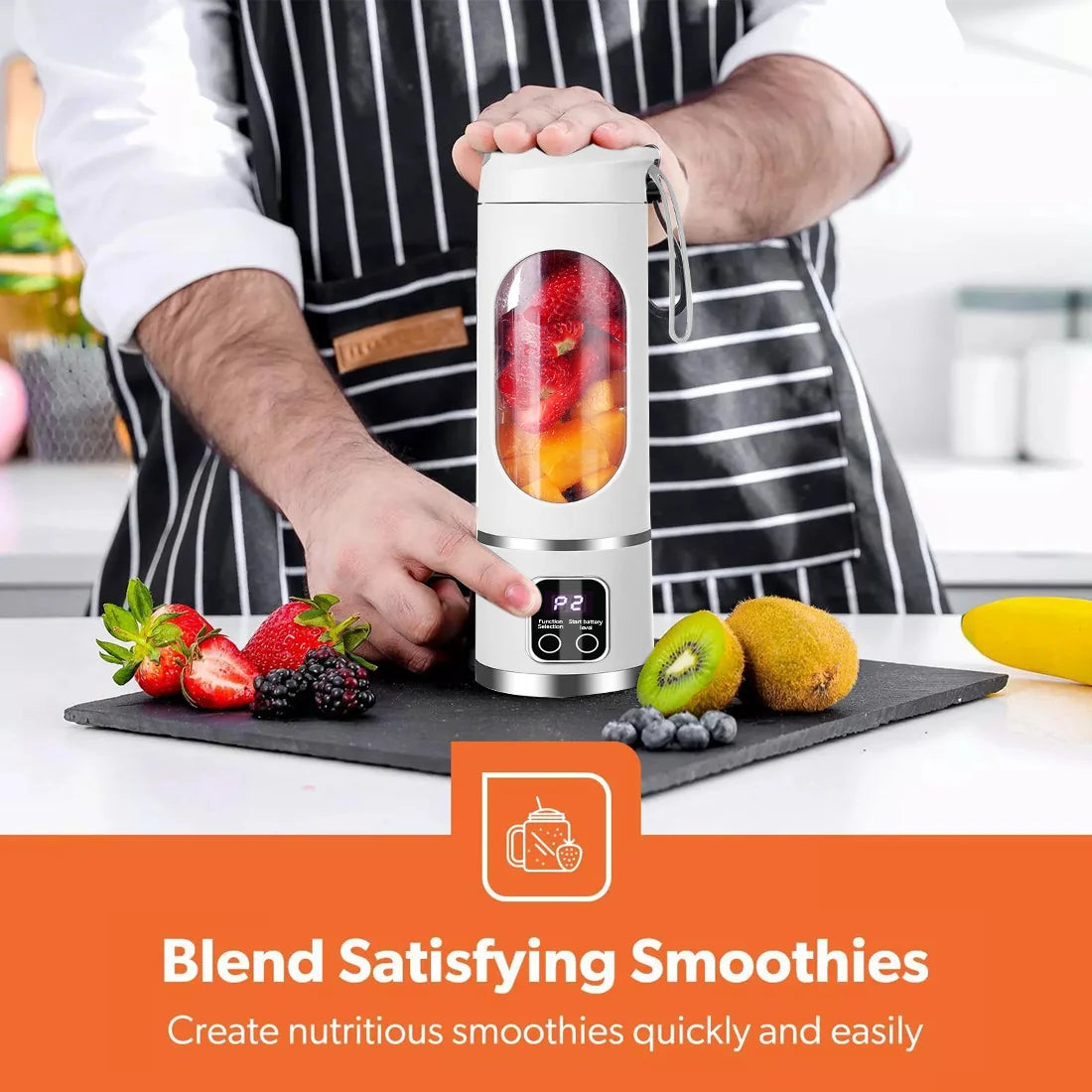 Portable USB Juicer Cup blending fruits for smoothies on a kitchen counter with fresh ingredients.