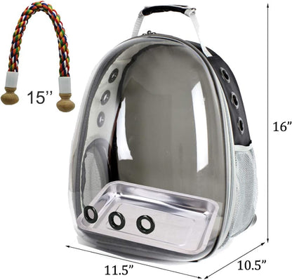 Bird travel carrier backpack with perch and metal tray